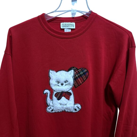 Vtg Y2K Brushed Fun Fur Cat Sweatshirt Dress Long Sleeve Crew Neck Red/Plaid  L - Picture 3 of 6